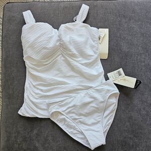 Gottex Tutti Frutti Underwire White Ribbed Tankini Top 40 E high waist bottom 10